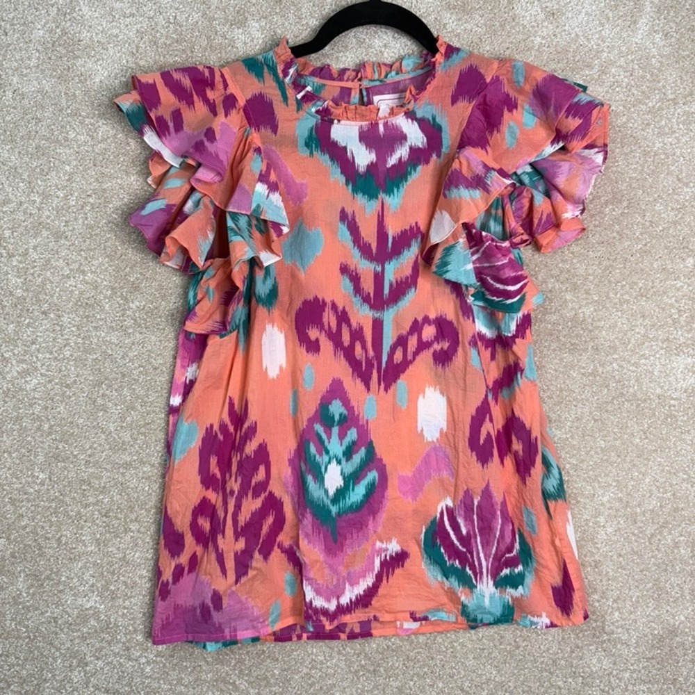 BANJANAN Blouse Women's Small Cotton‎ Ikat Ruffle Flutter Sleeve Top